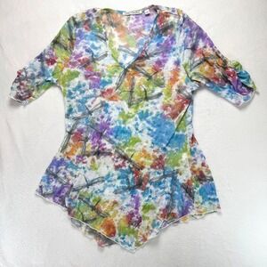 Snoskins Dragonfly Watercolor Print V-Neck Sharkbite Hem Top Multi Color Large